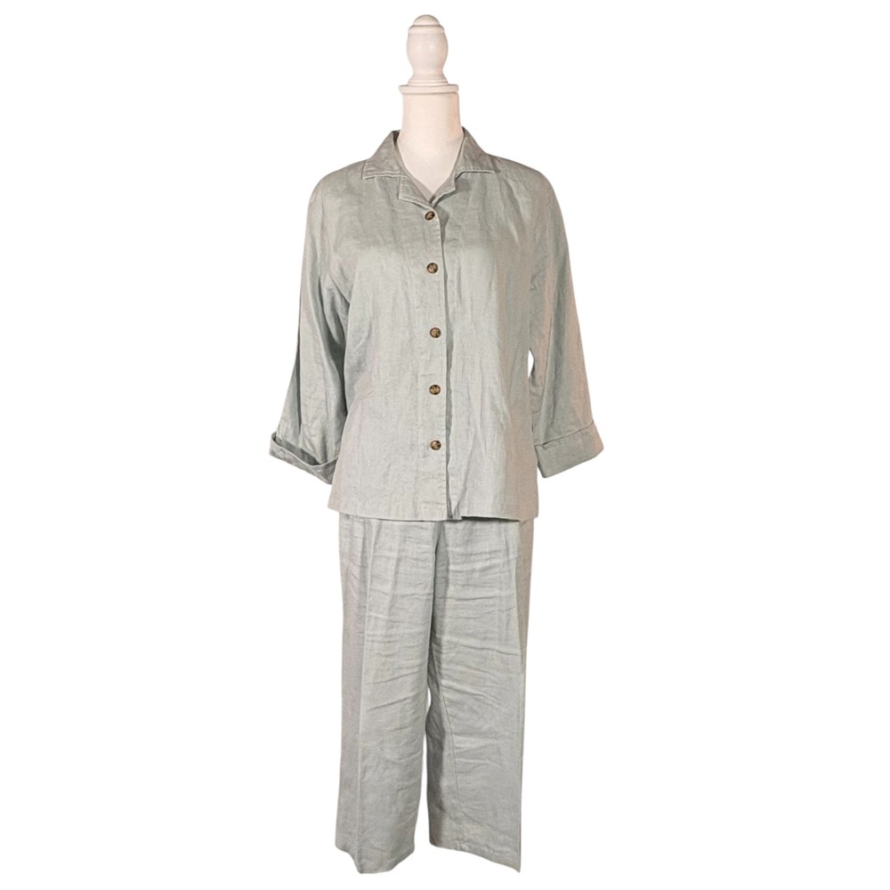 Vintage 100% Linen Blue Set Women's L Short Sleeve Top Crop Pants Classic Casual